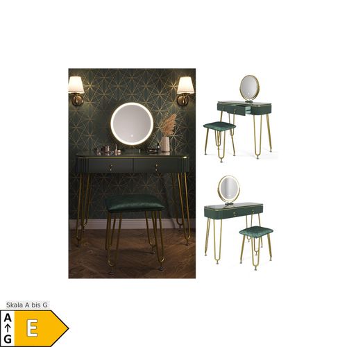 4066731228263 - Schminktisch Frisiertisch Schminkkommode Grace Dunkelgrün Hochglanz LED-Spiegel Hocker 100x126 cm modern Schlafzimmer Kommode Schublade Ablage Aufbewahrung Kosmetiktisch Schminkkonsole Make-Up-Tisch 4066731228263 - Schminktisch Frisiertisch Schminkkommode Grace Dunkelgrün Hochglanz LED-Spiegel Hocker 100x126 cm modern Schlafzimmer Kommode Schublade Ablage Aufbewahrung Kosmetiktisch Schminkkonsole Make-Up-Tisch