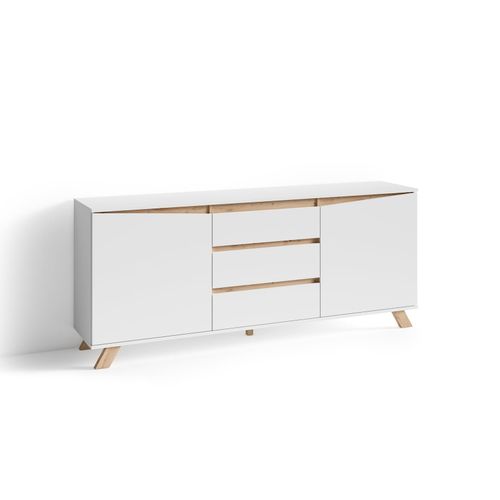 4251942206326 - Byliving - Sideboard valentin   Kommode matt weiß mit Absetzung in Eiche-Optik   Schrank mit 2 Türen und 3 Schubkästen   Im Scandi-Style   Grifflos  