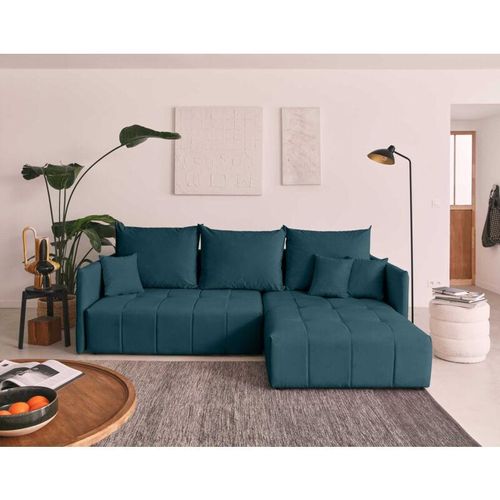 3701061727550 - Bestmobilier - Petra – ecksofa beidseitig montierbar – mit schlaffunktion und bettkasten – 4-sitzer – aus samt - entenblau - Entenblau