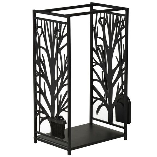 4251774971348 - Kaminholzständer mit Kaminbesteck schwarz 46 x 29 x 70 cm (BxTxH) Brennholzregal Feuerholzablage Holzablage Metallregal