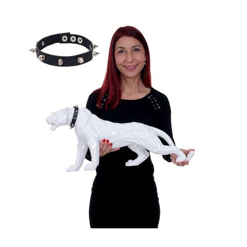 4057651188195 - Deko Figur Panther 59cm Polyresin Skulptur Leopard In- Outdoor ~ weiß hochglanz mit Halsband