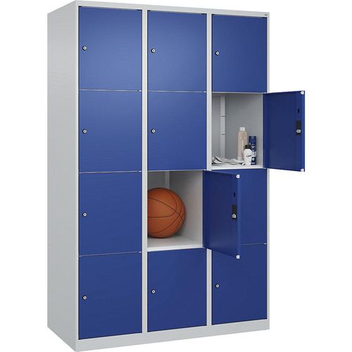 4067521352458 - 4er-Schließfachschrank Classic PLUS 3 Abteile lichtgrau enzianblau B 1200 mm 12 Fächer mit Bodengleitern 4067521352458 - 4er-Schließfachschrank Classic PLUS 3 Abteile lichtgrau enzianblau B 1200 mm 12 Fächer mit Bodengleitern