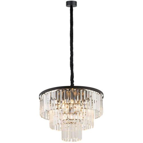 4255596662385 - Licht-erlebnisse - Hängeleuchte Metall Glas E14 rund ø 56 cm h max 140 cm Schwarz Art Déco Kristall Pendelleuchte - Schwarz Transparent