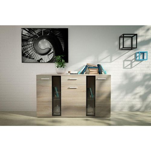 5906601405655 - Sideboard Melides mit Schublade Glasttüren 3-türig Anrichte 140 cm Sonoma - Furnix