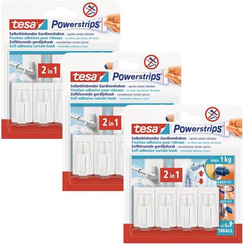 4063565204203 - tesa tesa Powerstrips Vario-Gardinenhaken im 3er Pack - Selbstklebende Gardinenhaken von tesa - wieder ablösbar und mehrfach verwendbar - Bis 1 kg Belastung -