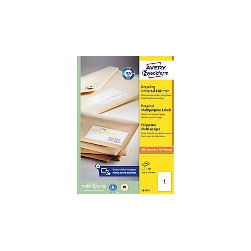 4004182035436 - Etiketten AVERY® Zweckform für Druckertyp Inkjet Laser rechteckig nachhaltig A4 Format Papier naturweiß 100 Etiketten B 297 x H 210 mm