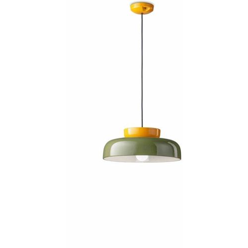 4255596709035 - Licht-erlebnisse - Hängelampe Keramik rund d 37 cm h max 135 cm Gelb Farngrün E27 Retro Design Keramiklampe - Gelb Farngrün