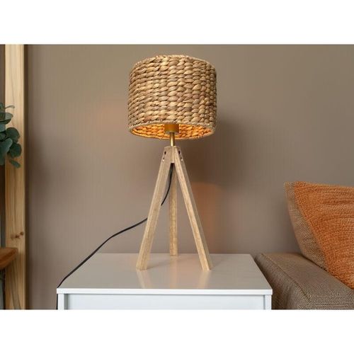 4262442798730 - Meinewunschleuchte - Große Tischlampe mit Holz Dreibein Korb Lampenschirm Wasserhyazinthe h 57cm