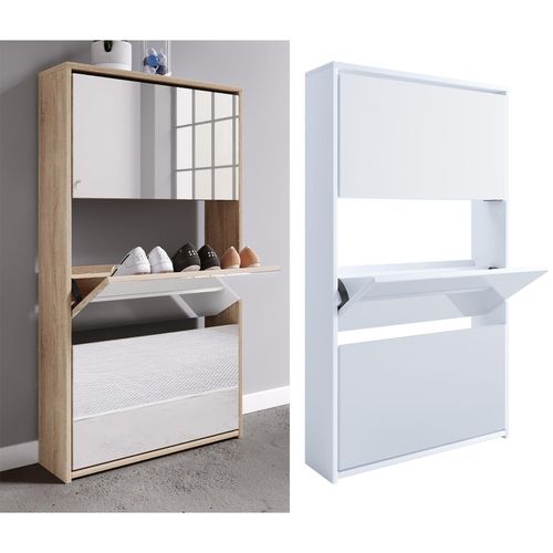 4051814409479 - Schuhschrank Holz Schuhschrank Maße H 112 x B 63 x T 17 cm 3 Klappen mit Spiegel - Stido XL Gr 63 weiß B63cm H112cm T17cm Obermaterial 100% Holz Wood Schränke 4051814409479 - Schuhschrank Holz Schuhschrank Maße H 112 x B 63 x T 17 cm 3 Klappen mit Spiegel - Stido XL Gr 63 weiß B63cm H112cm T17cm Obermaterial 100% Holz Wood Schränke