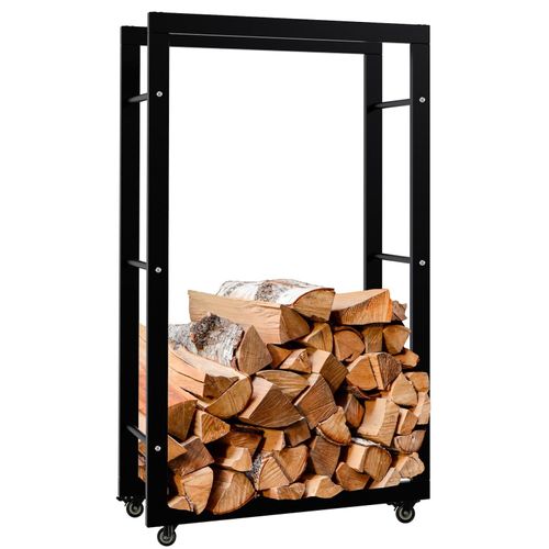 4255716340575 - Kaminholzständer Keri mit Rollen I Kaminholzregal aus schwarzem Metall I Aufbewahrung für Brennholz