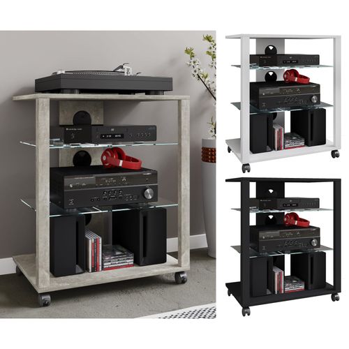 4051814426353 - Media-Board Hifi Holz Möbel Rack Schrank Phono Regal mit Rollen 2 Glasböden Maße H 70 x B 60 x T 41 cm Phono Mediaregal - Folas Gr 60 weiß B60cm H70cm T41cm Sideboards