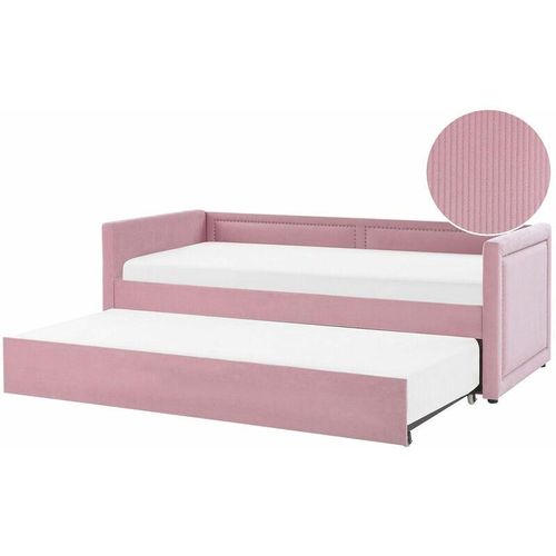 4251682261647 - Beliani - Tagesbett Rosa Cord 90 x 200 cm Doppelbett Ausziehbar mit Lattenrost Nieten Jugendbett Modern Glamour Schlafzimmer Wohnzimmer