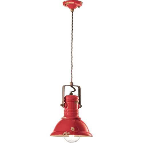 4255596707857 - Licht-erlebnisse - Hängelampe Metall Keramik E27 ø 23 cm h max 150 cm Rot Shabby Antik rund Vintage Keramikleuchte - Rot Shabby Antik