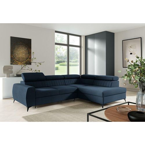 5905351273705 - Ecksofa meggie Polstercouch 132x196 cm mit Schlaffunktion Bettkasten EL13 Dunkelblau - Furnix