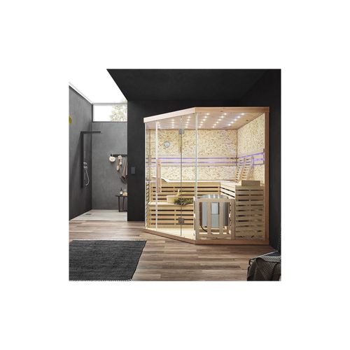 4058166010209 - Traditionelle Sauna mit Kunststeinwand skyline big xl - 200 x 200 cm für 6 Personen Sauna Saunakabine Ecksauna Massivholz - Home Deluxe