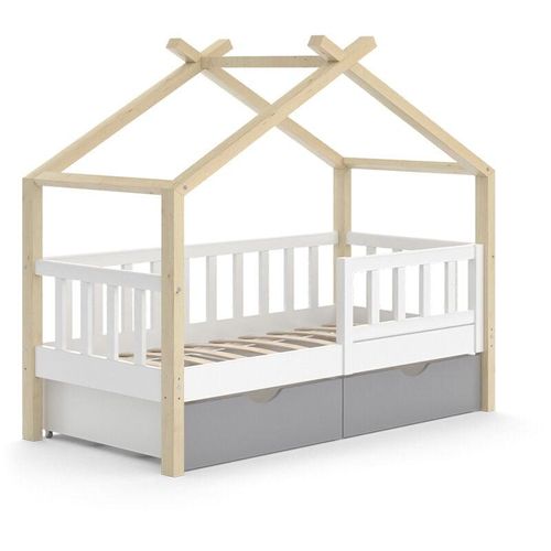 4066731126781 - VitaliSpa Kinderbett Hausbett Einzelbett Design Weiß Grau Natur modern 70x140 cm Kinderzimmer Bett Massivholz Lattenrost Schublade Rausfallschutz Schubladenbett