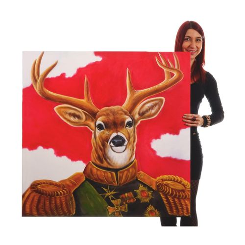 4057651056074 - Wandbild Hirsch 100% handgemaltes Ölgemälde Gemälde XL 100x100cm