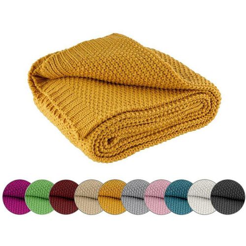 4251474131714 - Kuscheldecke Strick OekoTex 140x190 cm gelb senfgelb curry - warme weiche Strickdecke mit edlem und schlichten Strickmuster - gelb - Wometo