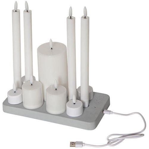 7391482071743 - Star Trading - Kerzen Set Flamme Charge Mix 4 Teelichter 4 Antik-Kerzen 2 Votiv-Kerzen 1 Stumpenkerze weiß usb Kabel Ladeplatte Warmweiß