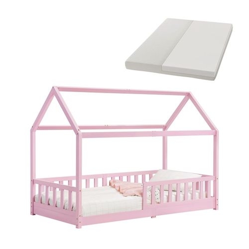 4260565527749 - Kinderbett Marli 90 x 200 cm mit Matratze Rausfallschutz Lattenrost & Dach - Massivholz Hausbett für Kinder - Bett in Rosa - Juskys