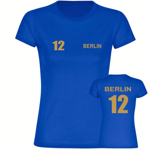 4068859495756 - multifanshop Damen T-Shirt - Berlin blau - Trikot Nummer 12 gold - Druck gold metallic - Frauen