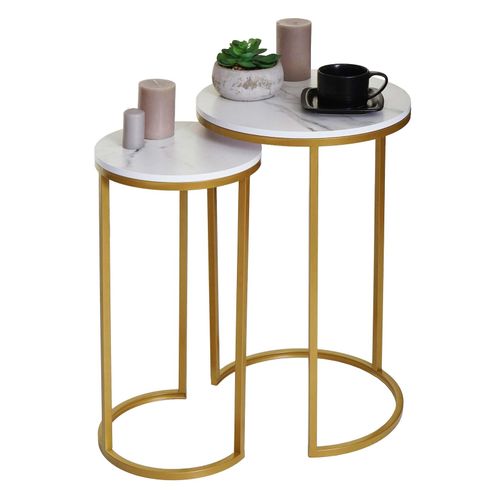 4057651806792 - 2er-Set Beistelltisch MCW-K46 Kaffeetisch Nachttisch Loungetisch Marmor-Optik FSC-zertifiziert MDF ~ weiß-gold 4057651806792 - 2er-Set Beistelltisch MCW-K46 Kaffeetisch Nachttisch Loungetisch Marmor-Optik FSC-zertifiziert MDF ~ weiß-gold