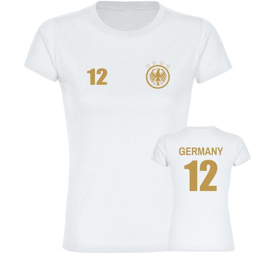 4068859354244 - multifanshop Damen T-Shirt - Germany - Adler Retro Trikot 12 Gold - Druck gold metallic - Frauen 4068859354244 - multifanshop Damen T-Shirt - Germany - Adler Retro Trikot 12 Gold - Druck gold metallic - Frauen