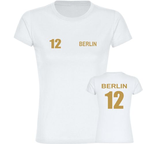 4068859497286 - multifanshop Damen T-Shirt - Berlin rot - Trikot Nummer 12 gold - Druck gold metallic - Frauen