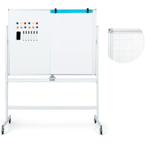 0783501438878 - Doppelseitiges mobiles Whiteboard 120 x 90 cm Trocken abwischbares magnetisches Whiteboard mit Gittermuster Rollen Ständer und Stiftablage inkl