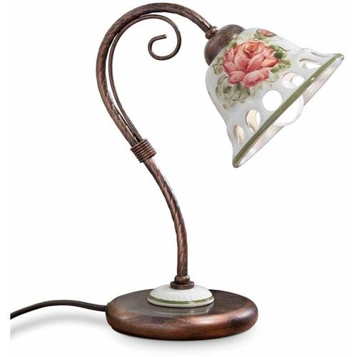 4255596709110 - Licht-erlebnisse - Tischlampe Keramik Metall E14 32 cm hoch in Schwarz Kupfer antik Weiß Blumendekor Pink