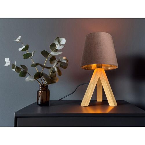 4262442798716 - Kleine Tischlampe mit Dreibein aus Holz Samtschirm Braun Gold Höhe 27cm