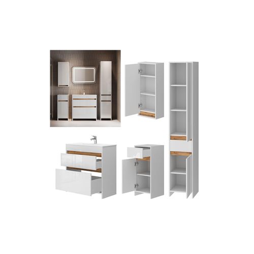 4066731415519 - Badmöbel-Set Detmold Weiß Hochglanz Eiche 80 cm 5 Teile 4066731415519 - Badmöbel-Set Detmold Weiß Hochglanz Eiche 80 cm 5 Teile