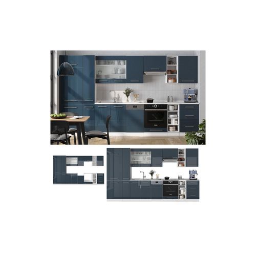 4066731411931 - Küchenzeile Fame-Line Weiß Dunkelblau Hochglanz 355 cm mit Arbeitsplatte Weiß-Marmor 4066731411931 - Küchenzeile Fame-Line Weiß Dunkelblau Hochglanz 355 cm mit Arbeitsplatte Weiß-Marmor