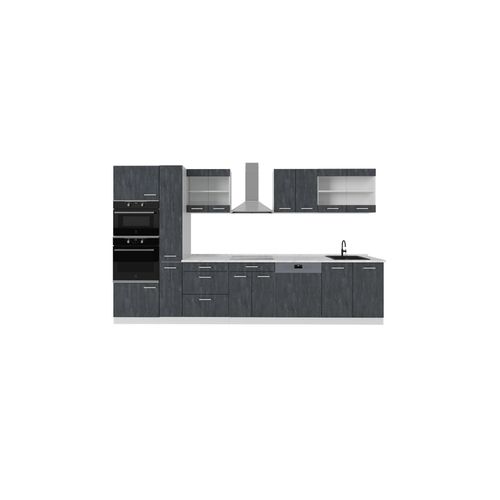 4066731402786 - Küchenzeile R-Line 350 cm Schwarz Beton Weiß ohne Arbeitsplatte