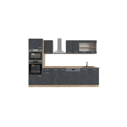4066731402571 - Küchenzeile R-Line 300 cm Schwarz Beton Eiche mit Arbeitsplatte Eiche