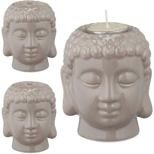 4052025489588 - Relaxdays - 3 x Buddha Teelichthalter Keramik Buddha-Kopf für Teelicht Zen-Deko für Wohnzimmer & Bad Feng Shui Deko grau