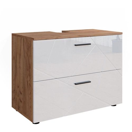 4066731273515 - Waschtischunterschrank Waschbeckenunterschrank Irma Eiche Weiß Hochglanz modern 80x59 cm Badezimmer Schrank Badschrank Badkommode Badmöbel 2 Schubladen