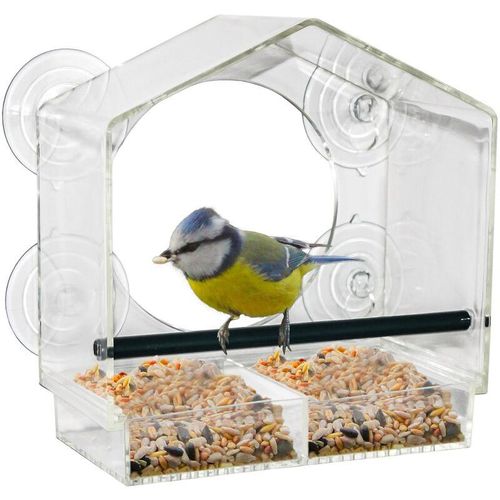 4262371534393 - Spetebo - Fenster Futterhäuschen für Vögel - 20 x 18 cm - Transparentes Vogelhäuschen mit Saugnäpfen und Sitzstange - Vogel Futterstation Futterhaus