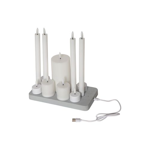 7391482071743 - Star Trading - Kerzen Set Flamme Charge Mix 4 Teelichter 4 Antik-Kerzen 2 Votiv-Kerzen 1 Stumpenkerze weiß usb Kabel Ladeplatte Warmweiß