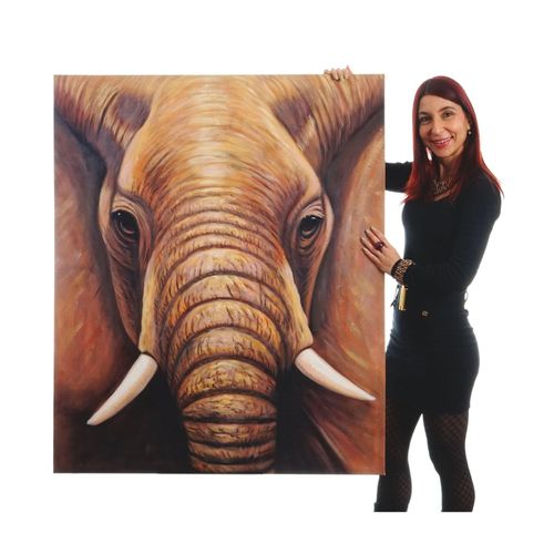4057651056081 - Wandbild Nahaufnahme Elefant 100% handgemaltes Ölgemälde Gemälde XL 120x100cm