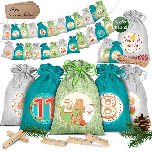 4255598315340 - KESSER® Adventskalender zum Befüllen 24 Jutebeutel Gedruckte Stoffbeutel Kinder Weihnachtskalender zum Selber Befüllen Inkl 24x Schildchen + 1 Großer Aufbewahrungsbeutel Stoff