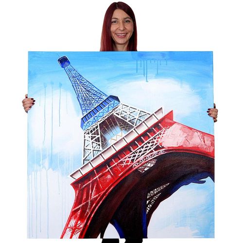 4057651134437 - Wandbild Eiffelturm Tricolore 100% handgemaltes Ölgemälde Gemälde XL 100x100cm
