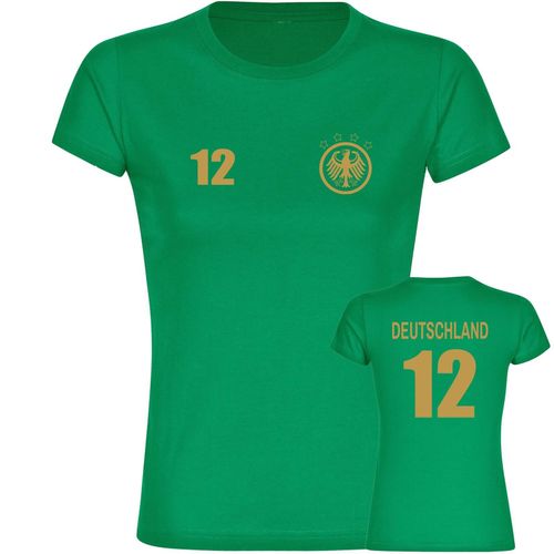 4068859265205 - multifanshop Damen T-Shirt - Deutschland - Adler Retro Trikot 12 Gold - Druck gold metallic - Frauen 4068859265205 - multifanshop Damen T-Shirt - Deutschland - Adler Retro Trikot 12 Gold - Druck gold metallic - Frauen