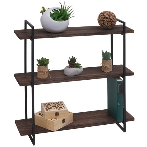 4057651580081 - Wandregal MCW-K78 Hängeregal Schweberegal 3 Regalböden Massiv-Holz Industrial 60x60x18cm ~ dunkelbraun Metall schwarz