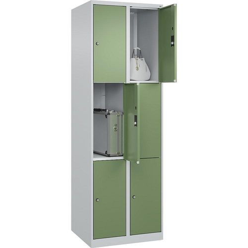 4067521350379 - 3er-Schließfachschrank Classic PLUS 2 Abteile lichtgrau   resedagrün B 600 mm 6 Fächer mit Bodengleitern