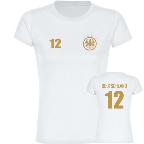 4068859265168 - multifanshop Damen T-Shirt - Deutschland - Adler Retro Trikot 12 Gold - Druck gold metallic - Frauen 4068859265168 - multifanshop Damen T-Shirt - Deutschland - Adler Retro Trikot 12 Gold - Druck gold metallic - Frauen