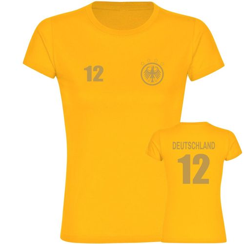 4068859267520 - multifanshop Damen T-Shirt - Deutschland - Adler Retro Trikot 12 Gold - Druck gold metallic - Frauen