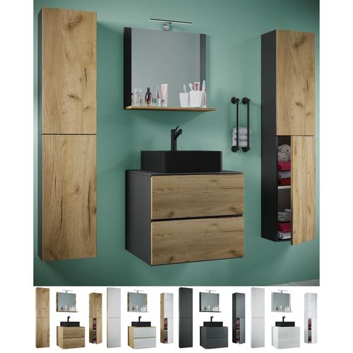 4051814432149 - 5-tlg Waschplatz Waschtisch schwarzes Waschbecken Unterschrank Breite 60 cm Badmöbel Set mit Schubladen Drehtüren Spiegel Lendas S BL 4051814432149 - 5-tlg Waschplatz Waschtisch schwarzes Waschbecken Unterschrank Breite 60 cm Badmöbel Set mit Schubladen Drehtüren Spiegel Lendas S BL