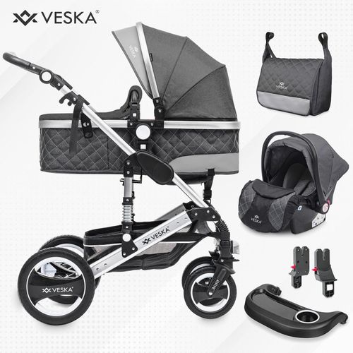 4054748017611 - VESKA® 3 in 1 Kombi-Kinderwagen Buggy Reisebuggy inkl Auto- Babyschale Jogger Faltbar - Silber - anthrazit anthrazit