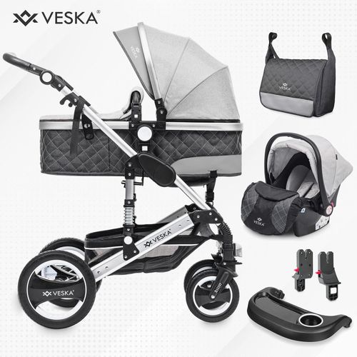 4054748017604 - VESKA® 3 in 1 Kombi-Kinderwagen Buggy Reisebuggy inkl Auto- Babyschale Jogger Faltbar - Silber - anthrazit grau